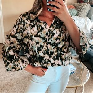 Mango Abstract Floral Green and Blush Botton Down Lapeled Collard Blouse